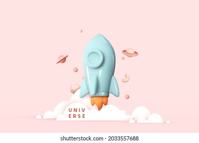 Flying space rocket in space around the planets. Spaceship launch. Rocket 3d icon. Realistic creative conceptual symbols. Logo ship. Launch business product on market. Vector illustration - Shutterstock ID 2033557688