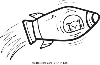 Flying space rocket doodle with cat. Vector clip art illustration