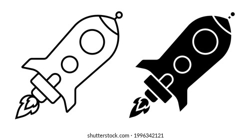 Flying space rocket icon. Flights to Mars,  Moon and planets of solar system. Technologies for space exploration. Simple black and white vector