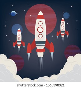 Flying space rocket with planet and using colored doodle style
