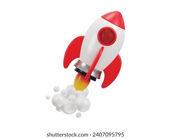 flying space rocket with spewing smoke spaceship launch 3d rendering icon vector illustration