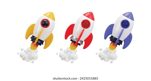 flying space rocket with spewing smoke spaceship launch 3d rendering icon vector illustration set