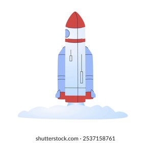 Cohete espacial volador en el espacio, concepto de inicio. Lanzamiento de la nave espacial. Icono de doodle de dibujos animados de cohete. Símbolos conceptuales creativos. Lanzamiento de producto empresarial en el mercado. Ilustración vectorial