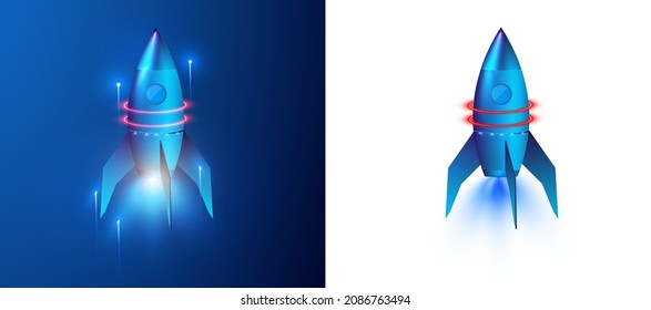 cohete espacial volador en el espacio.  Cohetes de juguete en alza, humo escupiendo. Cohetes que despegan con fuego sobre un círculo brillante de neón sobre fondo azul. Ilustración del vector