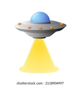 Flying space saucer with capture beam. Disk shaped spaceship with blue dome and signal lights along vector perimeter flying in space.