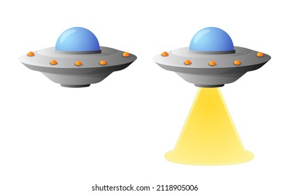 Flying space saucers with capture beam. Disc shaped spaceship on white surface with blue dome and signal lights along vector perimeter flying in space.