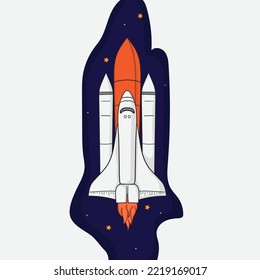 Flying space shuttle in cartoon design with blue and white background design