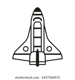 Flying space shuttle launch icon in line art design. Outline rocket space ship isolated on white background.