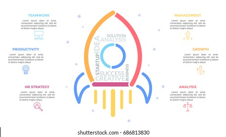Flying spacecraft drawn with colorful lines and surrounded by pictograms and text boxes. Concept of new project launch. Creative infographic design template. Vector illustration for presentation.
