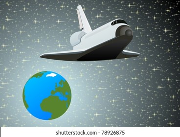 Flying a spacecraft on the background of the earth and the sky