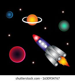 Flying spacecraft in the vastness of space.
