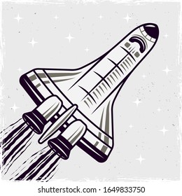 Flying spacecraft vector illustration isolated on textured light background