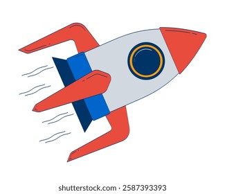 Flying spaceship 2D doodle object. Outer space exploration vehicle. Travelling by rocket in cosmos cartoon element flat vector clipart isolated on white background. Hand drawn illustration