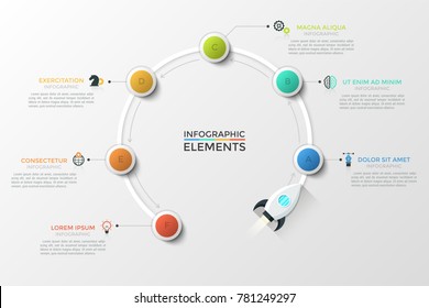 Flying spaceship and 6 round elements with letters inside arranged in circle and successively connected by arrows. Concept of development cycle. Infographic design template. Vector illustration.