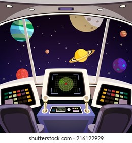 Flying Spaceship Cabin Futuristic Interior Cartoon With Space Backdrop Vector Illustration