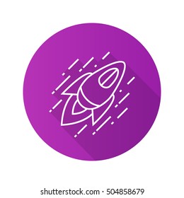 Flying spaceship flat linear long shadow icon. Space rocket. Vector line symbol