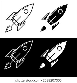 Icono de la nave espacial voladora y Ilustración vectorial del cohete volador, en blanco y negro, fondo blanco y negro.