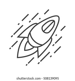 Flying spaceship linear icon. Thin line illustration. Space rocket contour symbol. Vector isolated outline drawing