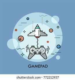 Flying spaceship or space shuttle connected to gamepad or controller for video game console. Modern concept of gaming, gamers competition. Colorful vector illustration for banner, website, poster.