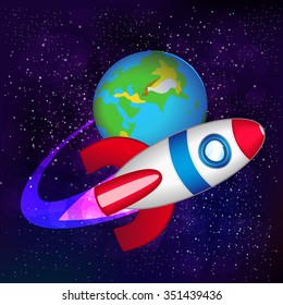 Flying spaceship in space. Vector stock illustration