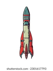 Flying spaceship taking off into space adventure isolated