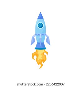Flying spaceship vector illustration. Launching rocket as symbol of good business isolated on white background. Startup, business failure concept
