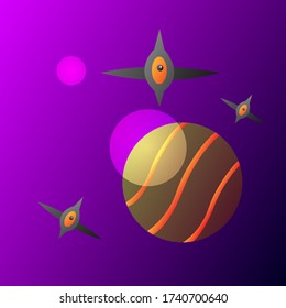naves espaciales voladoras de extraterrestres sobre el fondo de un solitario y misterioso planeta y el concepto de cielo nocturno de ficción y ficción