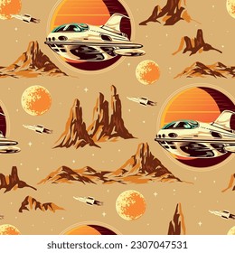 Flying spaceships colorful pattern seamless with rock fragments of lifeless planets and futuristic intergalactic transport vector illustration