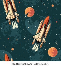 Flying spaceships colorful pattern seamless with research rockets to search for life in vast universe and galactic wars vector illustration