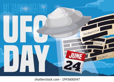 Flying spaceships with glowing light beam, censored files and calendar to commemorate MT. Rainier sightings during UFO Day.
