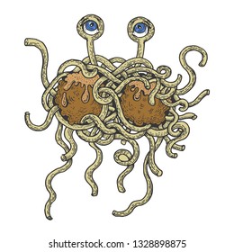 Flying spaghetti monster color sketch engraving vector illustration. Scratch board style imitation. Hand drawn image.