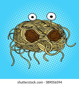 Flying spaghetti monster pop art style vector illustration. Hand drawn doodle.  Comic book style imitation. Vintage retro style. Conceptual illustration