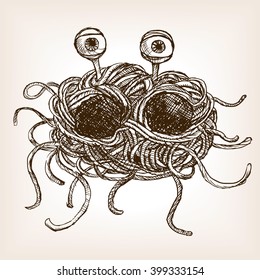 Flying spaghetti monster sketch style vector illustration. Old hand drawn engraving imitation.