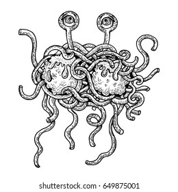 Flying spaghetti monster vector illustration. Scratch board style imitation. Hand drawn image.