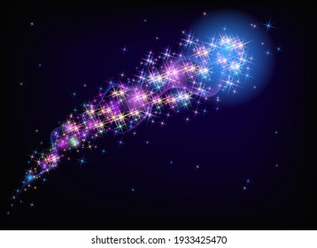 Flying sparkling comet with curved glowing dust tail  in the starry night sky. Star dust trail with shining stars. Space research concept. Festive background. 