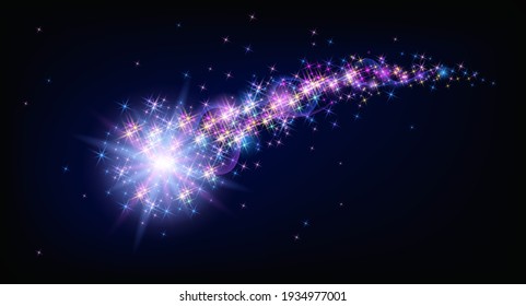 Flying sparkling comet with curved glowing dust tail  in the starry night sky. Star dust trail with shining stars. Space research concept. Festive background. 