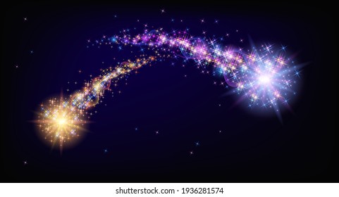 Flying sparkling two comets with curved glowing dust tail  in the starry night sky. Star dust trail with shining stars. Space research concept. Festive background. 