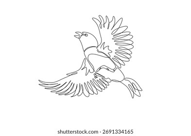 Flying sparrow bird in continuous one line drawing. Single line art illustration of cute sparrow bird. Editable vector.