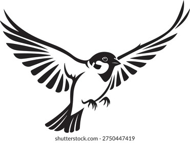 Flying sparrow vector illustration - isolated house sparrow bird silhouette in flat style
