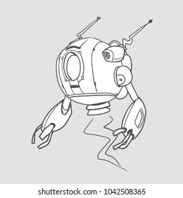 Flying spherical robot. Contour vector illustration for coloring book, isolated.