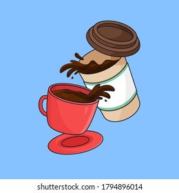 Flying Spilled Coffee On Mug And To Go Cup Vector Outline Illustration Cartoon Style Flat Design