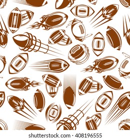 Flying and spinning rugby balls brown seamless pattern on white background with motion trails in retro comics and ornamental tribal style. Sport, competition backdrop or wallpaper design