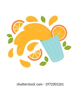 Flying splashes off orange juice. Fresh Summer cocktail. Healthy food. Vector flat illustration