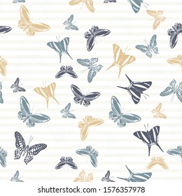 Flying spring butterfly silhouettes over striped background vector seamless pattern. Girlish fashion textile print design. Lines and butterfly garden insect silhouettes seamless illustration.