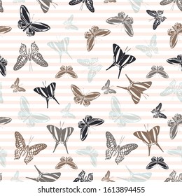 Flying spring butterfly silhouettes over horizontal stripes vector seamless pattern. Cartoon textile print design. Lines and butterfly garden insect silhouettes seamless wrapping.