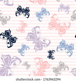 Flying spring butterfly silhouettes over horizontal stripes vector seamless pattern. Vintage fabric print design. Stripes and butterfly garden insect silhouettes seamless illustration.