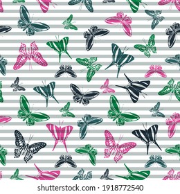 Flying spring butterfly silhouettes over horizontal stripes vector seamless pattern. Girlish fashion fabric print design. Stripes and butterfly garden insect silhouettes seamless wrapping.