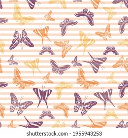 Flying spring butterfly silhouettes over horizontal stripes vector seamless pattern. Girlish fashion fabric print design. Lines and butterfly garden insect silhouettes seamless design.