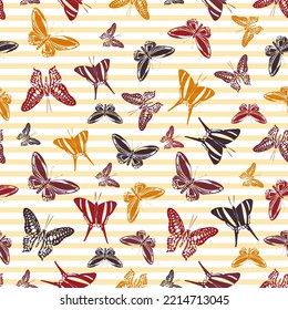 Flying spring butterfly silhouettes over striped background vector seamless pattern. Childish fashion textile print design. Lines and butterfly garden insect silhouettes seamless wrapping.