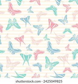 Flying spring butterfly silhouettes over horizontal stripes vector seamless pattern. Vintage textile print design. Stripes and butterfly garden insect silhouettes seamless design.